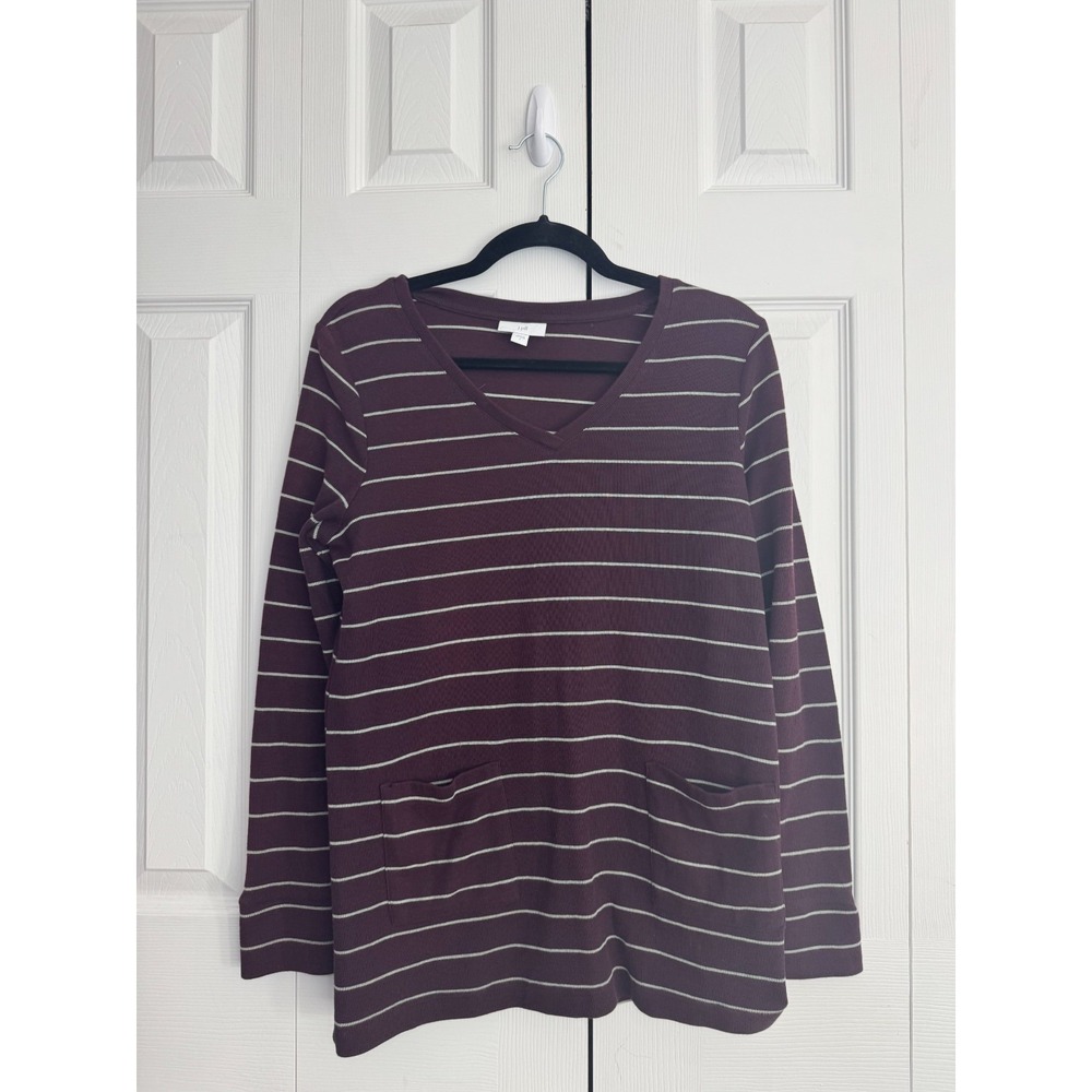 J.Jill Striped Tunic Sweater Top Women Small Maroon Pocket Pullover Long Sleeve